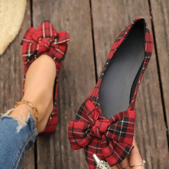 Red Casual Women's Flat Slip-On Shoes with Plaid Bow Floral Loafers - Picture 1 of 6